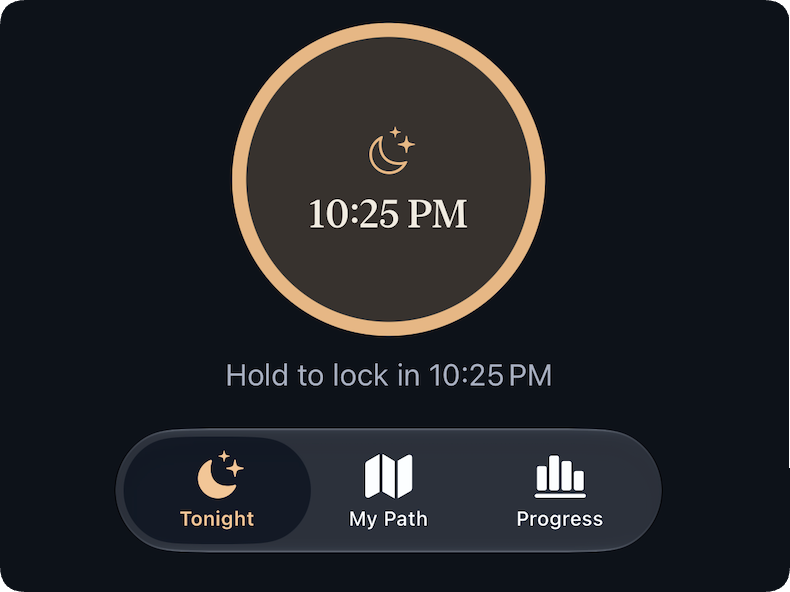 Choosing tonight's lights-out time in For Tomorrow: a dial ring set to 10:25 PM with the prompt Hold to lock in 10:25 PM, above the Tonight, My Path and Progress tabs.